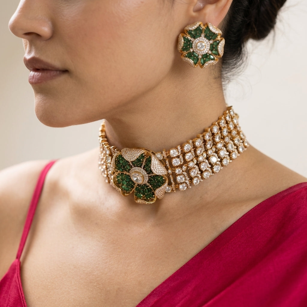 Meherzar Emerald Blossom Choker Set
