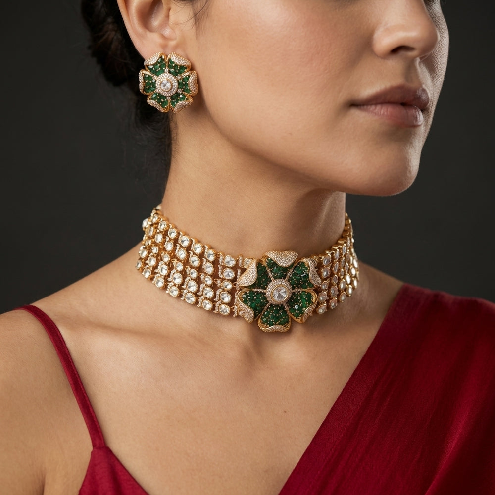 Polki choker set with emerald blossom centerpiece and matching stud earrings — Ozel