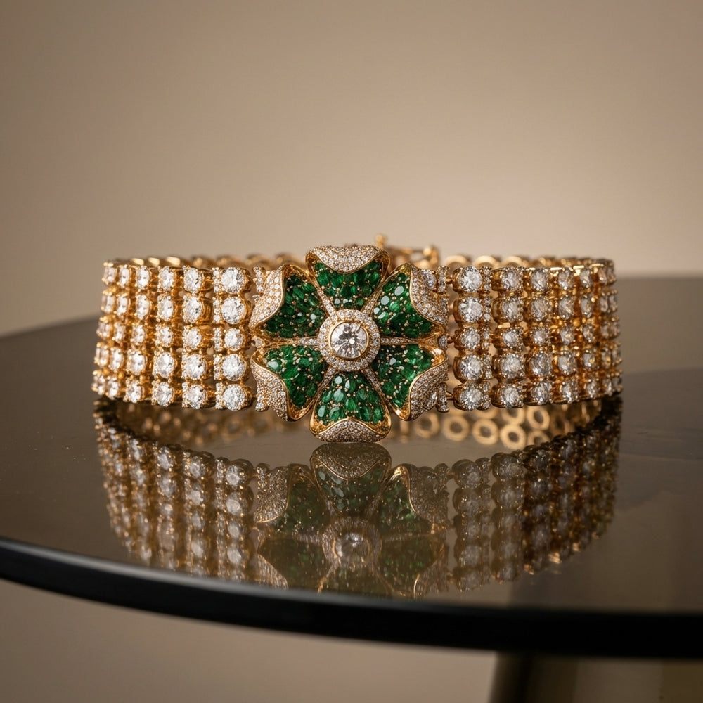 Polki choker set with emerald blossom centerpiece and matching stud earrings — Ozel