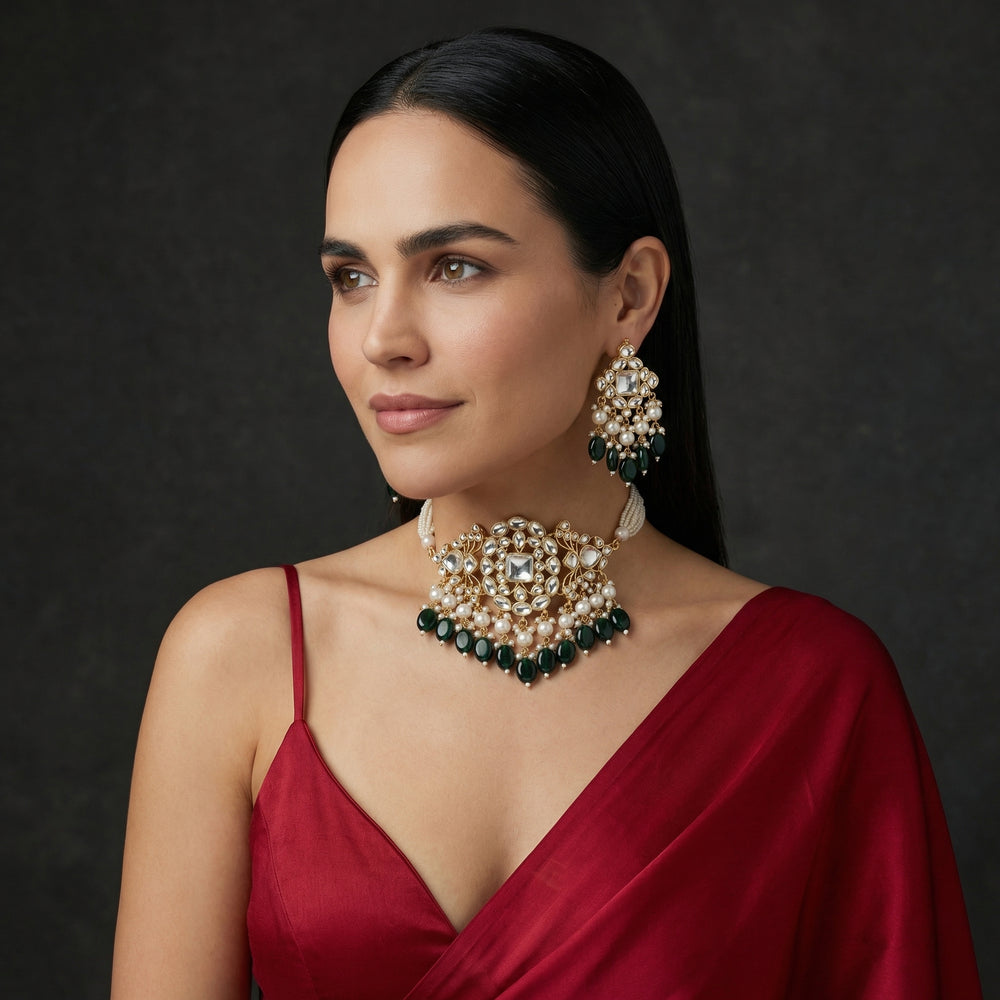 Zarvaya Polki Emerald Pearl Choker Set – emerald pearl polki choker by Ozel