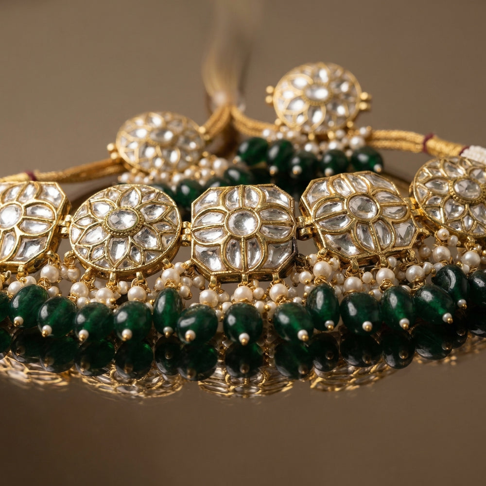 Meherzari Polki Emerald Choker Set – ornate emerald bridal set by Ozel