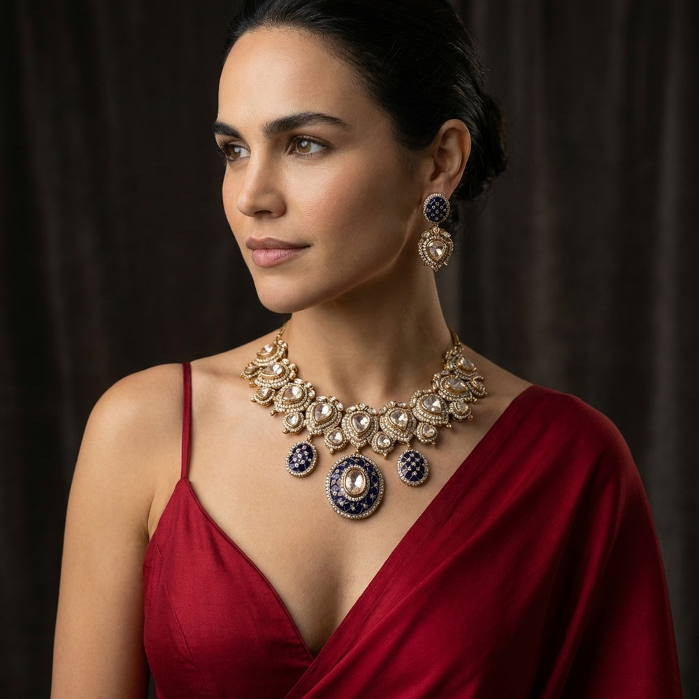 Neelvarsha Polki Lapis Necklace Set – lapis polki necklace by Ozel