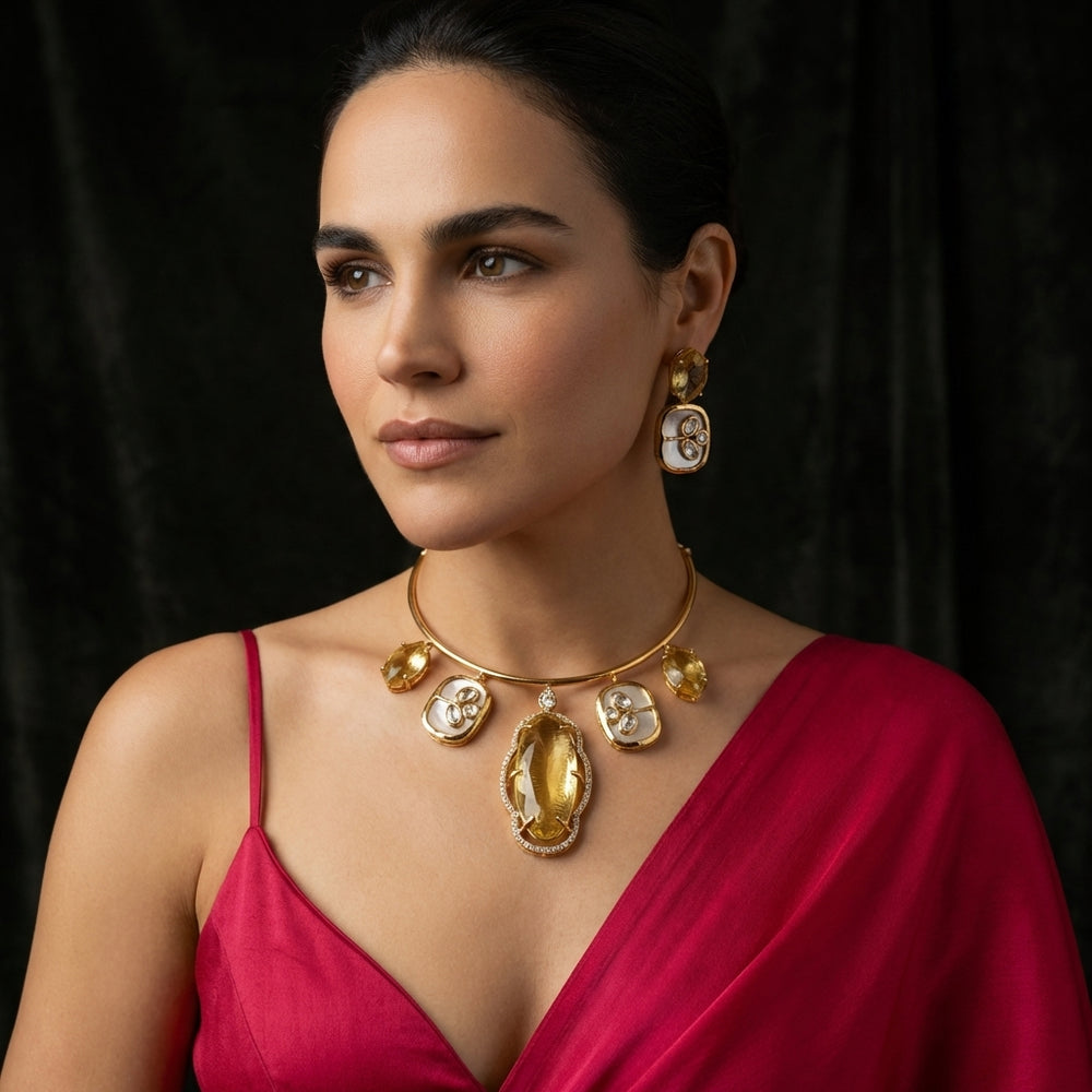 Suryaara Citrine Statement Necklace Set glowing in warm golden tones by Ozel
