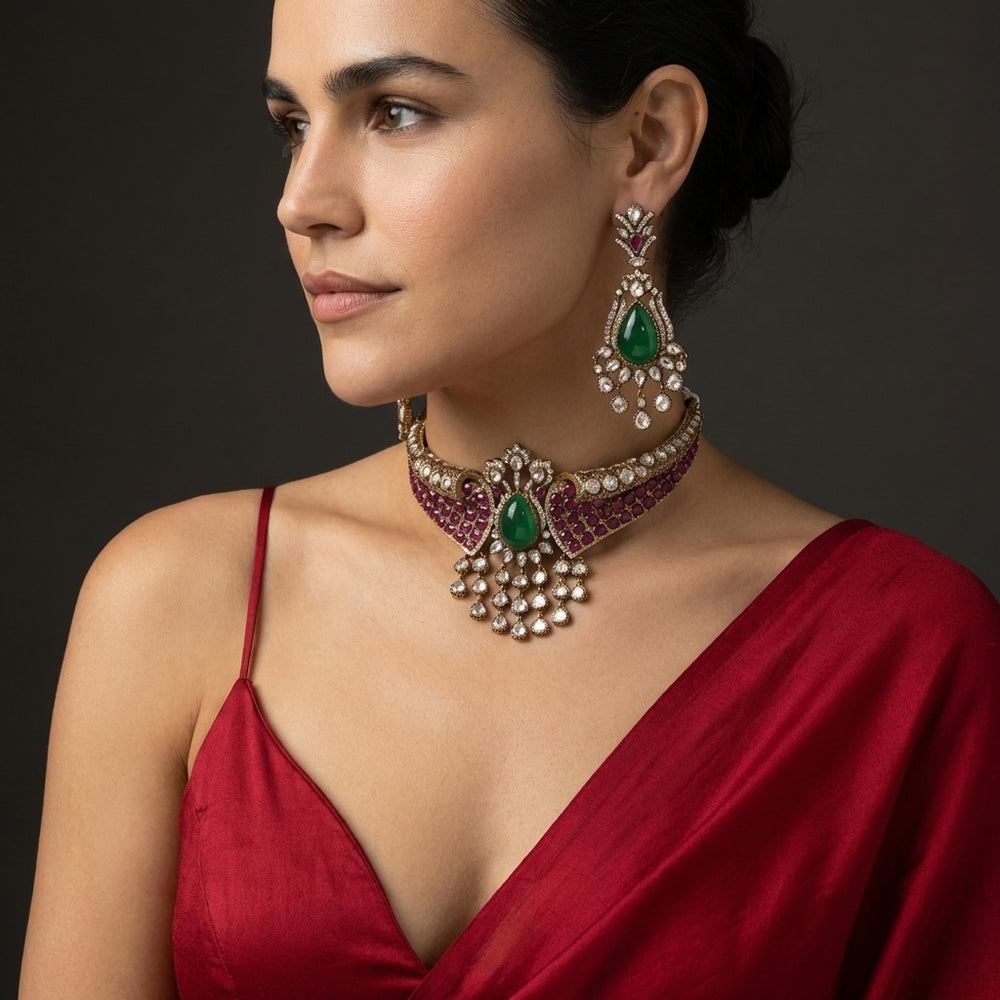 Ragini Emerald Ruby Regal Choker Set – emerald ruby bridal choker by Ozel