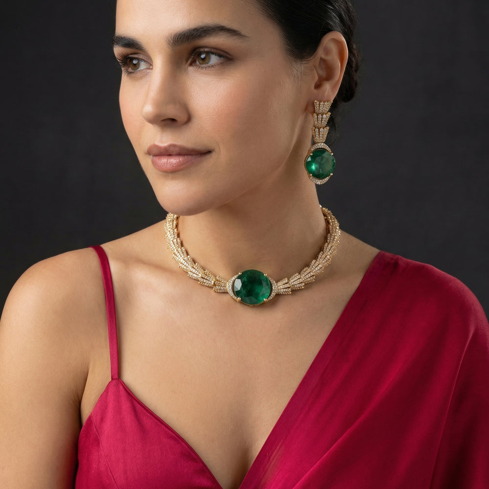 Harini emerald elegance necklace set with kundan and pearl detail