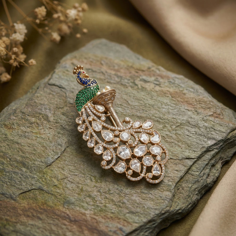Polki Peacock Brooch – peacock motif polki brooch by Ozel