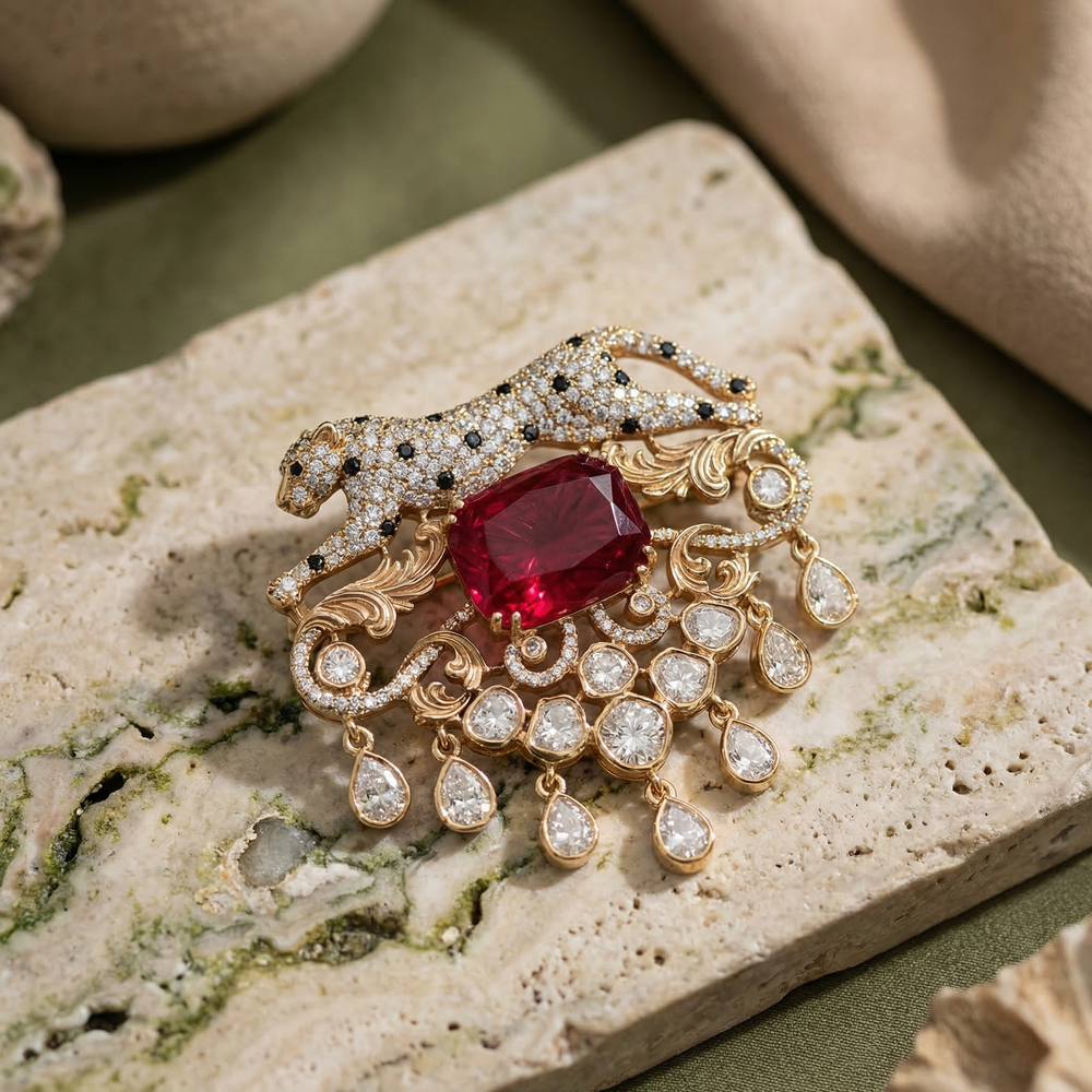 Heritage panther brooch with crystal accents and polki drops — Ozel