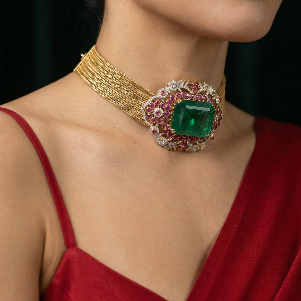 Rajvansh – emerald regal choker set by Ozel