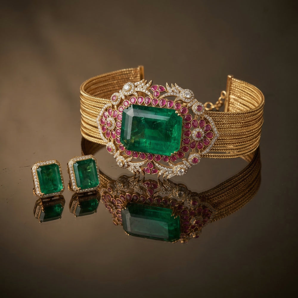 Rajvansh emerald regal choker set with kundan and pearl droplets