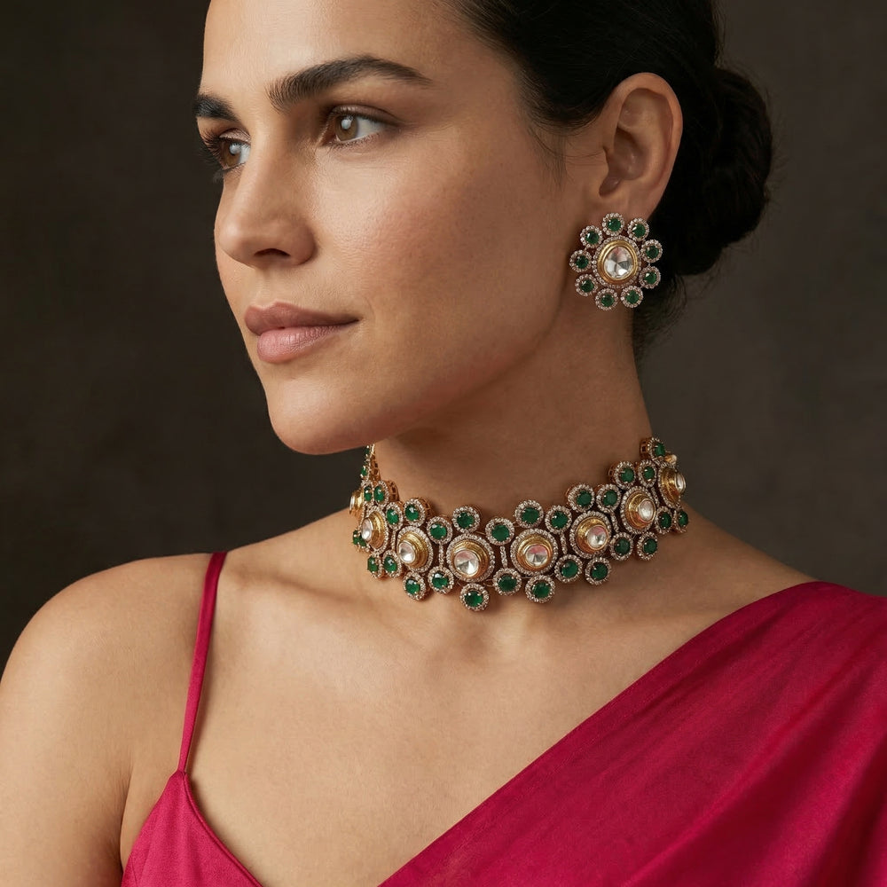Rajwada Emerald Polki Choker – emerald polki bridal choker by Ozel