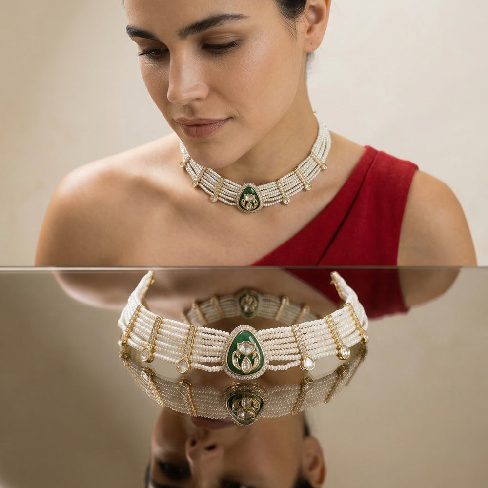 Devaki – pearl polki choker set by Ozel