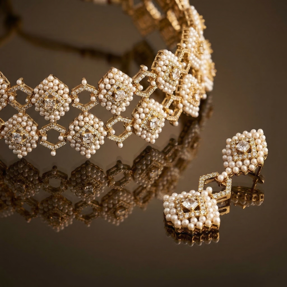 Pritha – pearl lattice choker set by Ozel