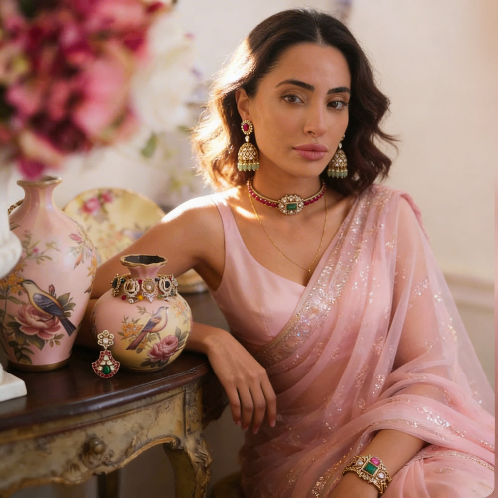 Zarina emerald ruby kundan choker and jhumka set – full bridal set by Ozel