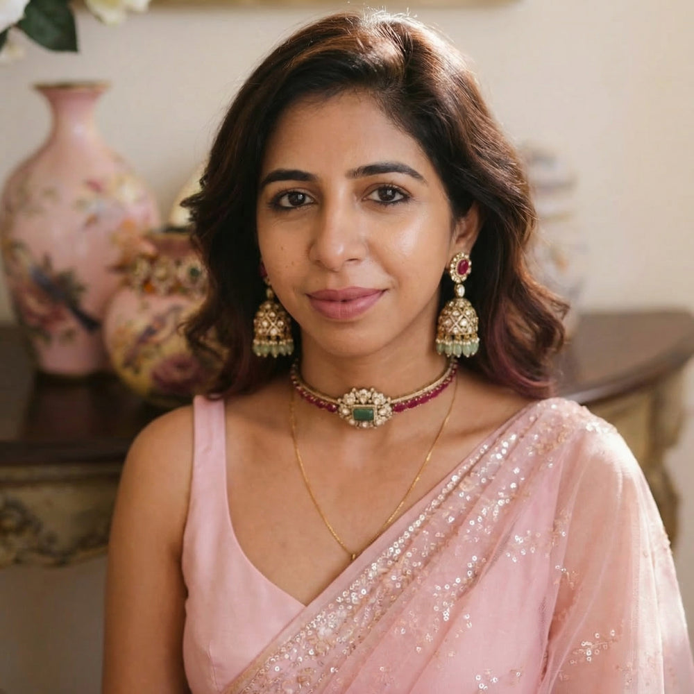Zarina – emerald ruby jhumka earrings by Ozel