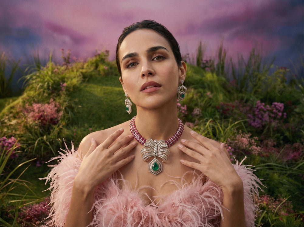 Emerald Empress emerald-and-ruby kundan collar set with pearl drops — Ozel
