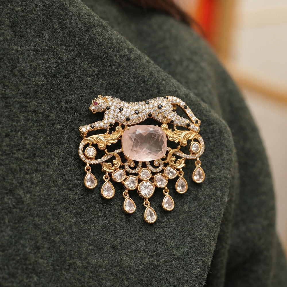 Heritage panther brooch with crystal accents and polki drops — Ozel