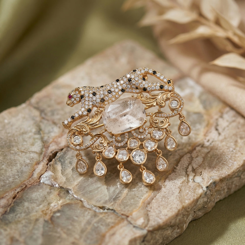 Heritage panther brooch with crystal accents and polki drops — Ozel