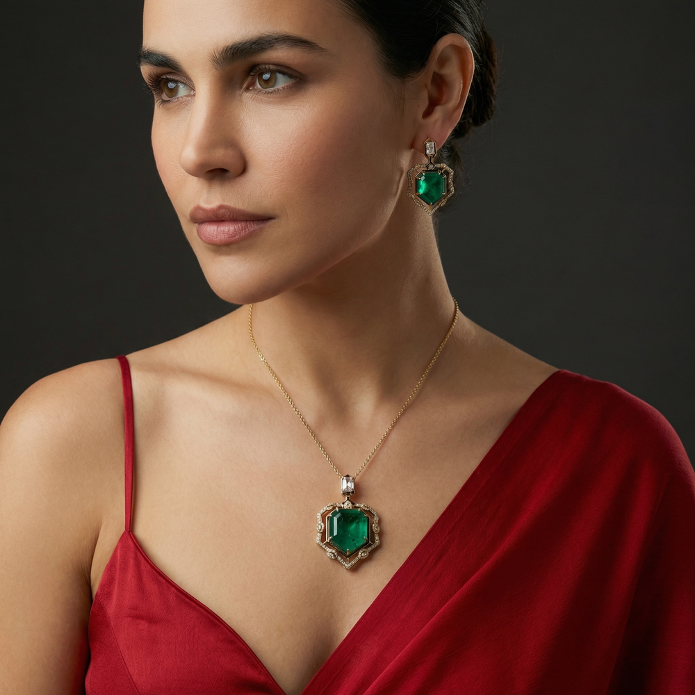 Zymera pendant necklace set with luminous stone centerpiece