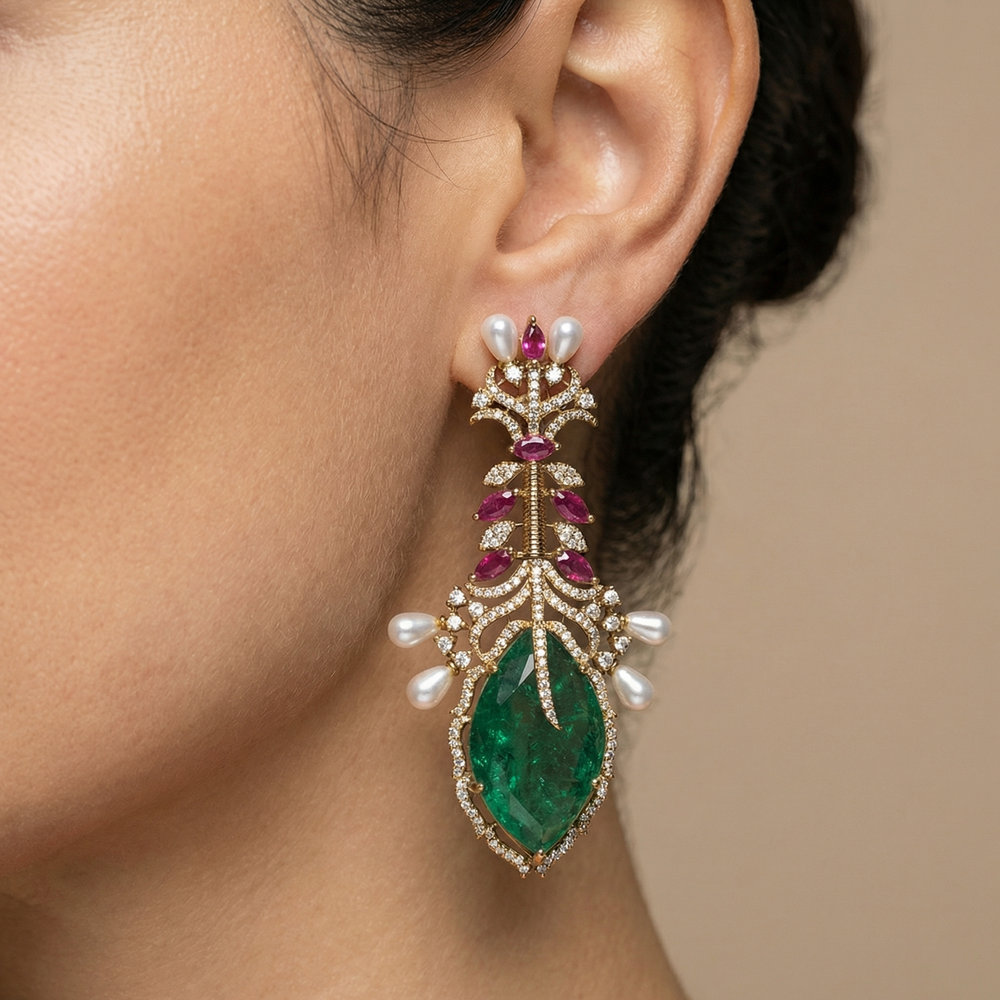Vine Pearls Emerald Earrings – handcrafted pearl emerald earrings by Ozel