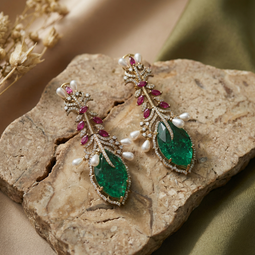 Vine Pearls Emerald Earrings – artisan Indian jewelry by Ozel