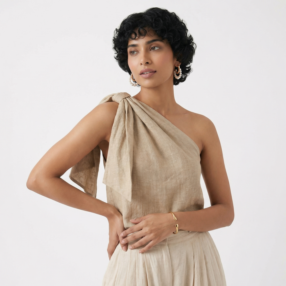 One-shoulder draped top and high-waisted trousers viscose co-ord set — Ozel