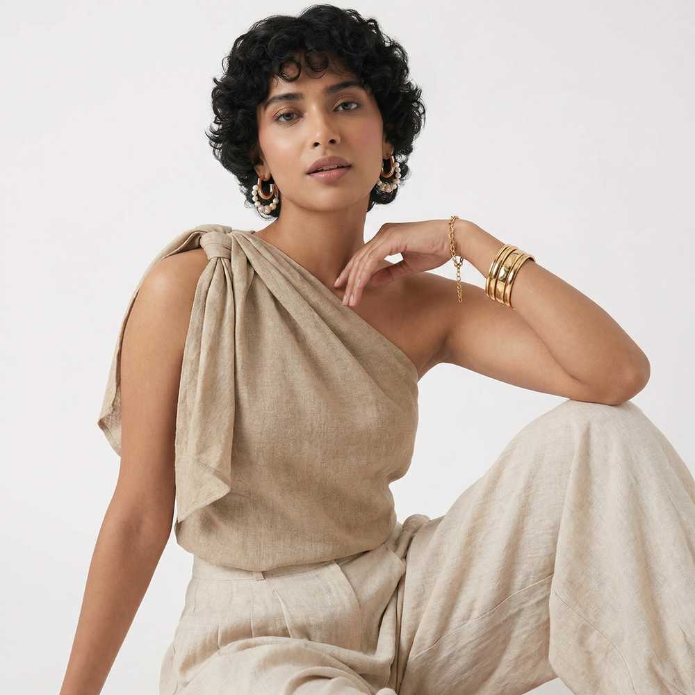 One-shoulder draped top and high-waisted trousers viscose co-ord set — Ozel
