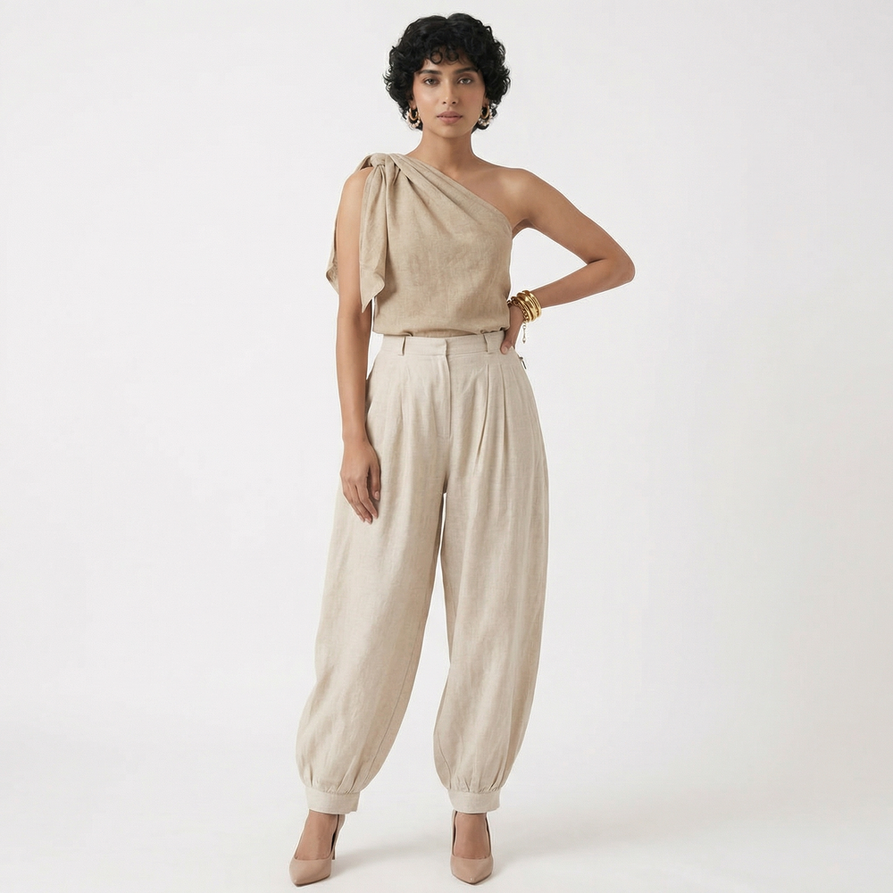 One-shoulder draped top and high-waisted trousers viscose co-ord set — Ozel
