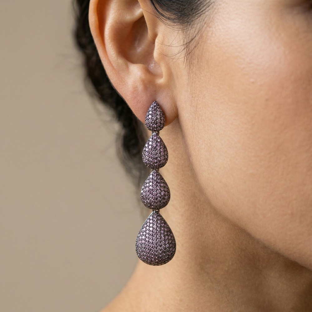 Rosirae crimson cascade drop earrings with gold fringing