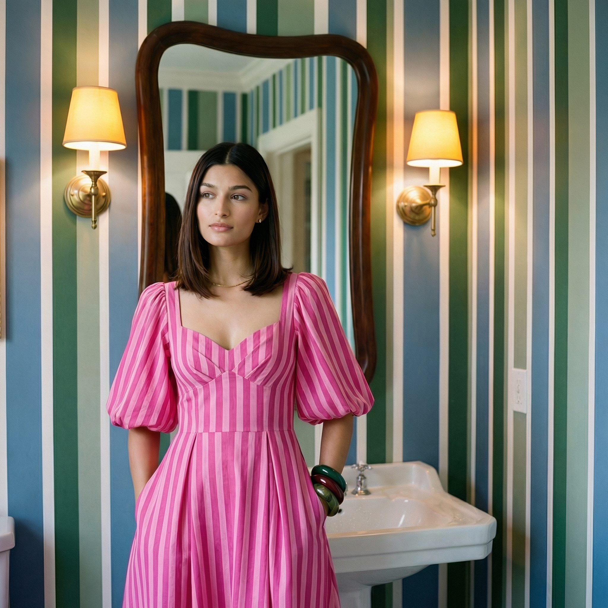 Pink Palazzo Stripe Dress with Sleeves