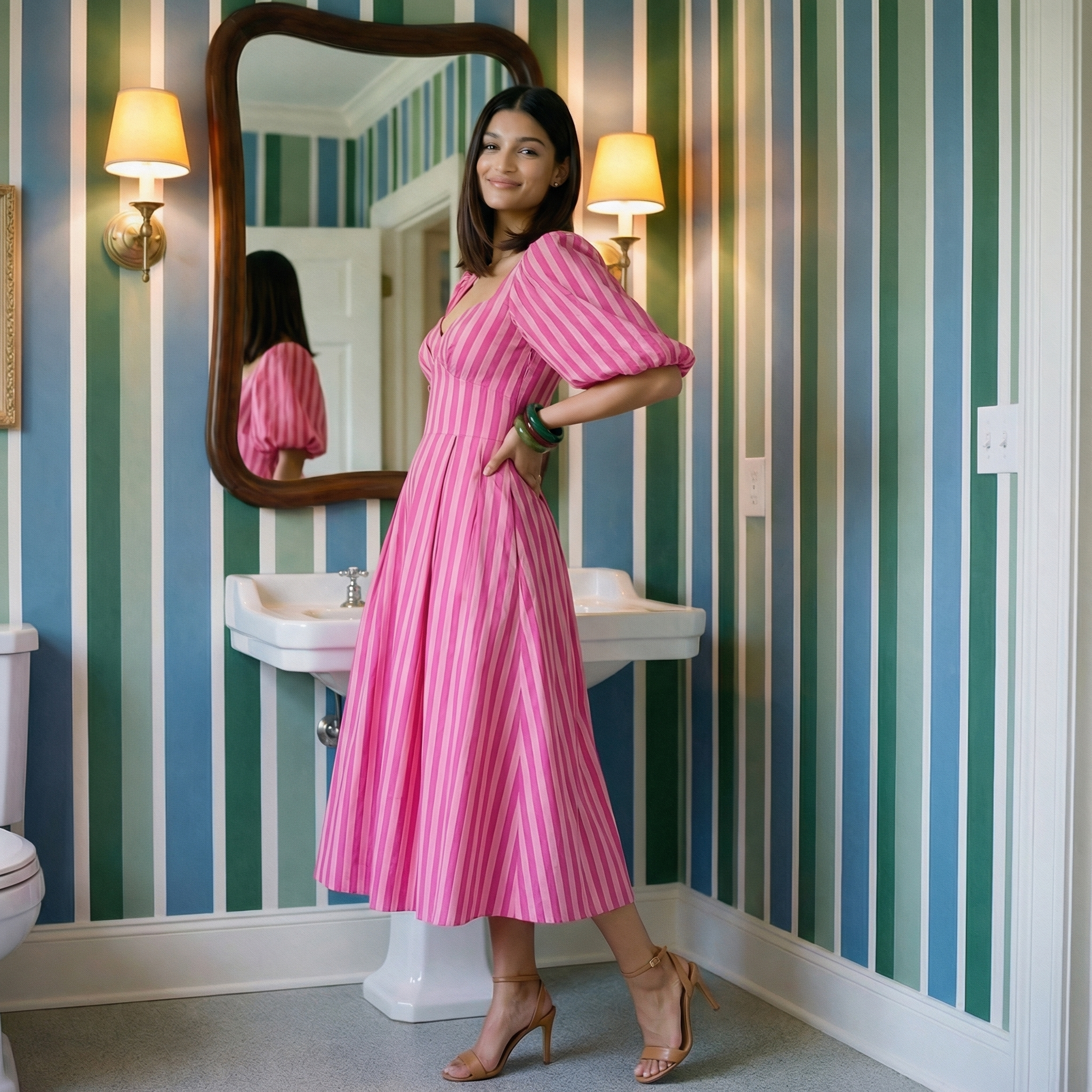 Pink Palazzo Stripe Dress with Sleeves