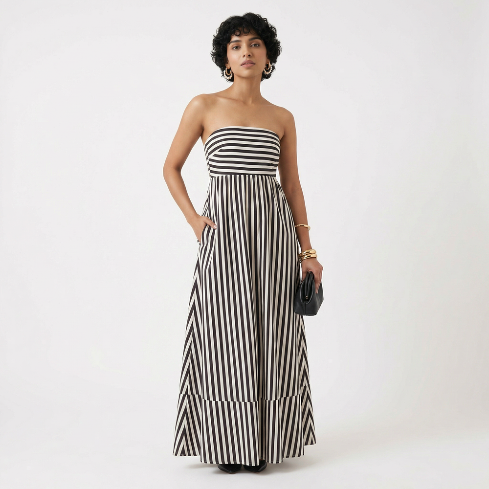 Monochrome stripe strapless maxi cotton dress with high waist and pockets — Ozel