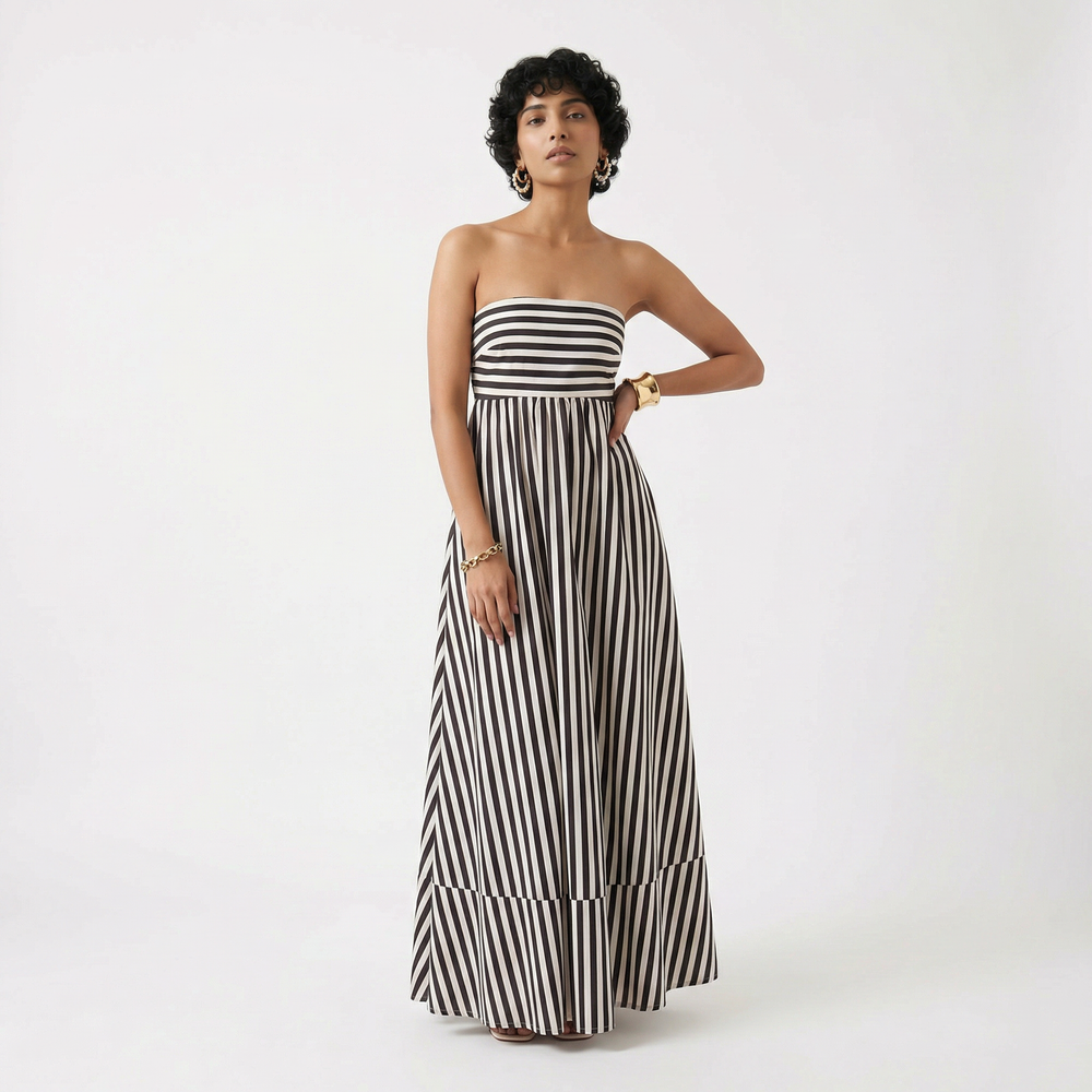 Monochrome stripe strapless maxi cotton dress with high waist and pockets — Ozel
