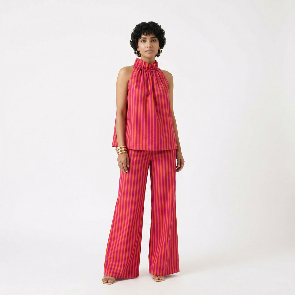 Meira sunset stripe co-ord set in warm-toned relaxed silhouette
