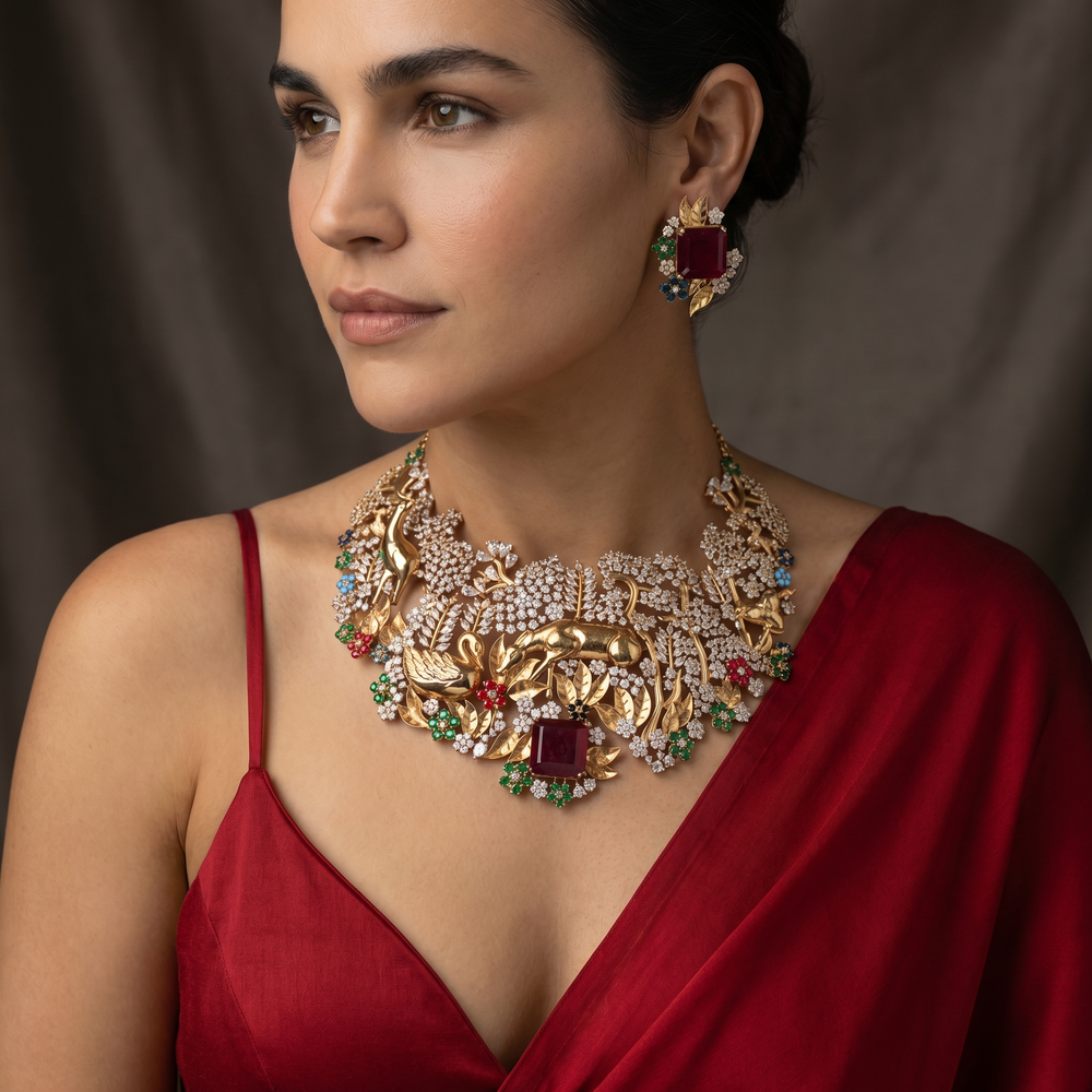 Enchanted garden red choker and earring set with floral kundan