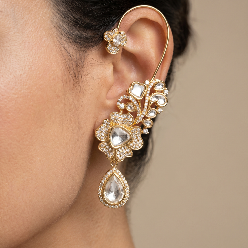 Rishaya crystal floral ear cuffs with shimmering petal detail