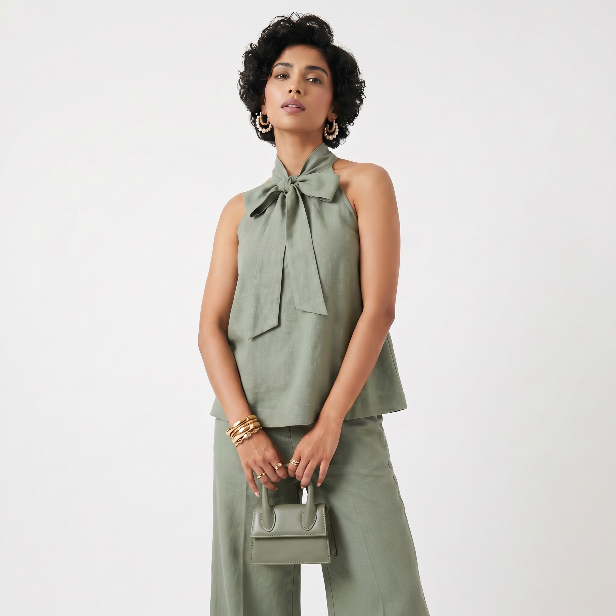 Bow tie halter co-ord set with feminine tailored flow