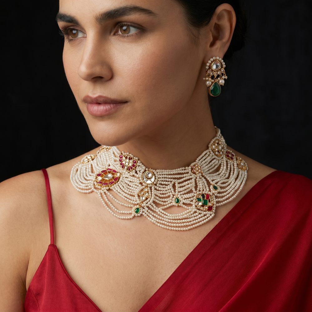 Shivika Pearl Collar Necklace with natural pearl lustre and heritage gold collar design by Ozel