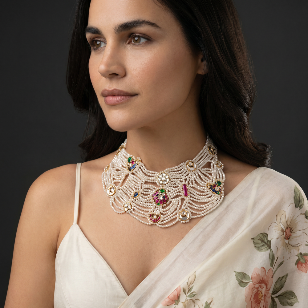 Kasturi Pearl Collar Necklace with lustrous pearl drops and heritage-inspired collar design by Ozel