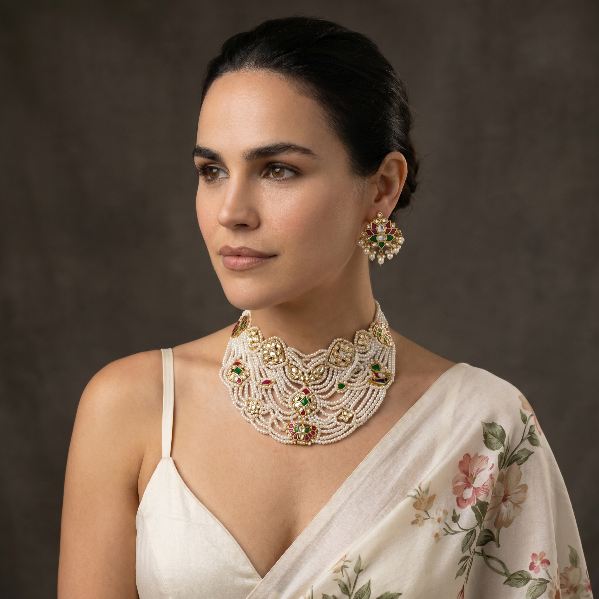 Close-up of Kimaya pearl collar kundan centrepiece — Ozel