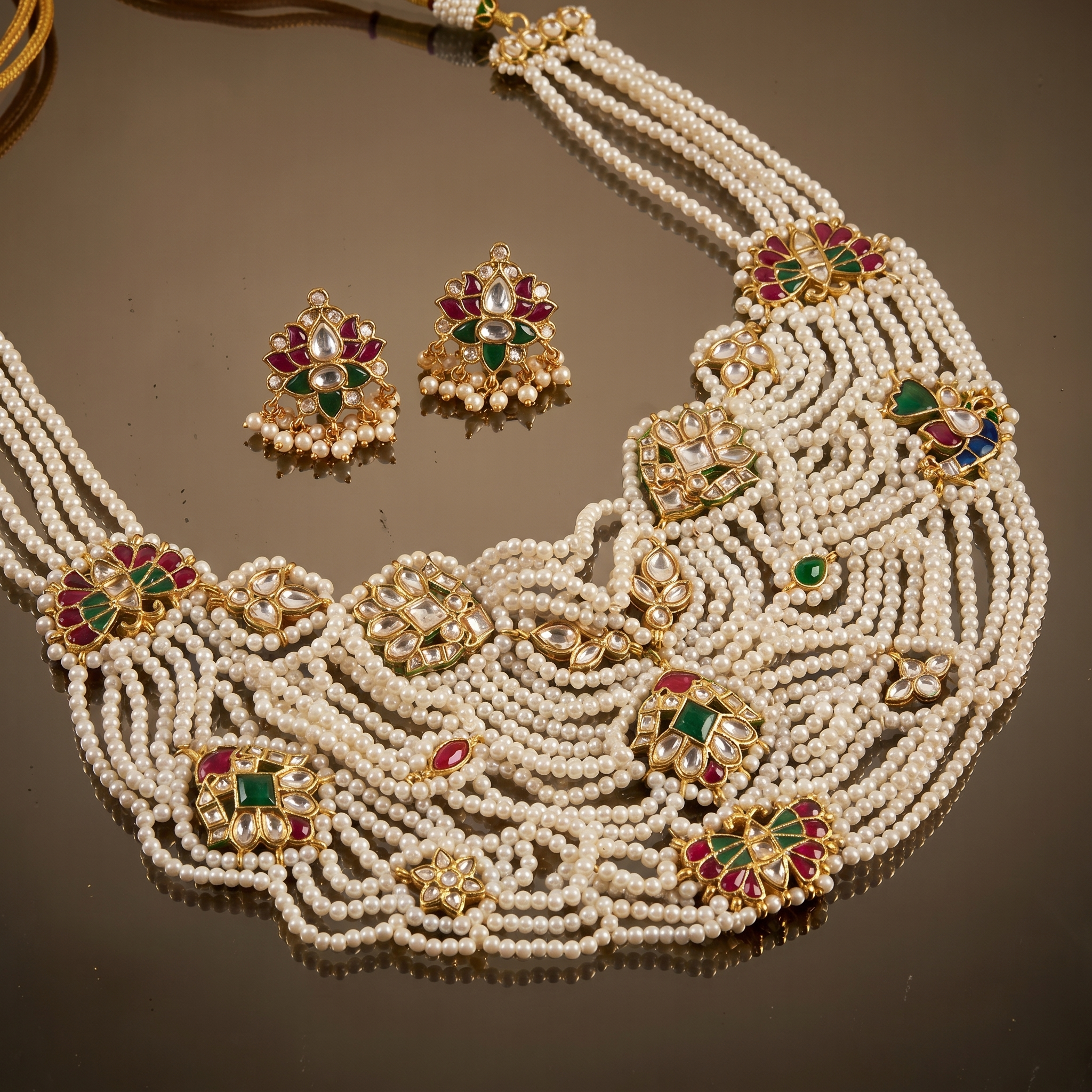 Kimaya multi-strand pearl collar necklace with kundan motifs — Ozel