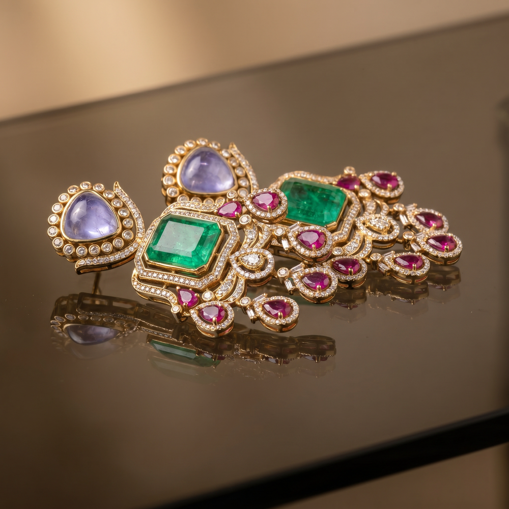 Side view of Vainika kundan and gemstone statement earrings — Ozel