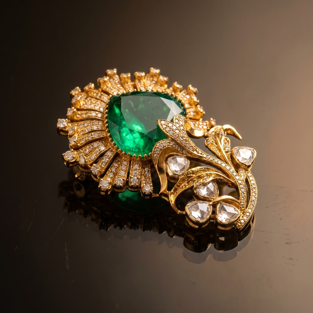 Antique gold emerald brooch with crystal sunburst halo — Ozel