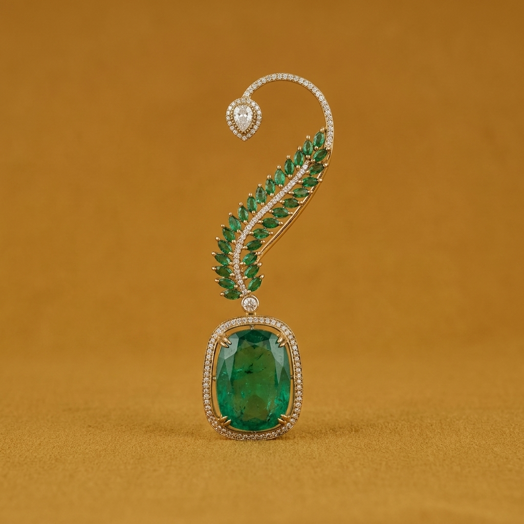 Green Stone Ear Cuff with Drop Pendant