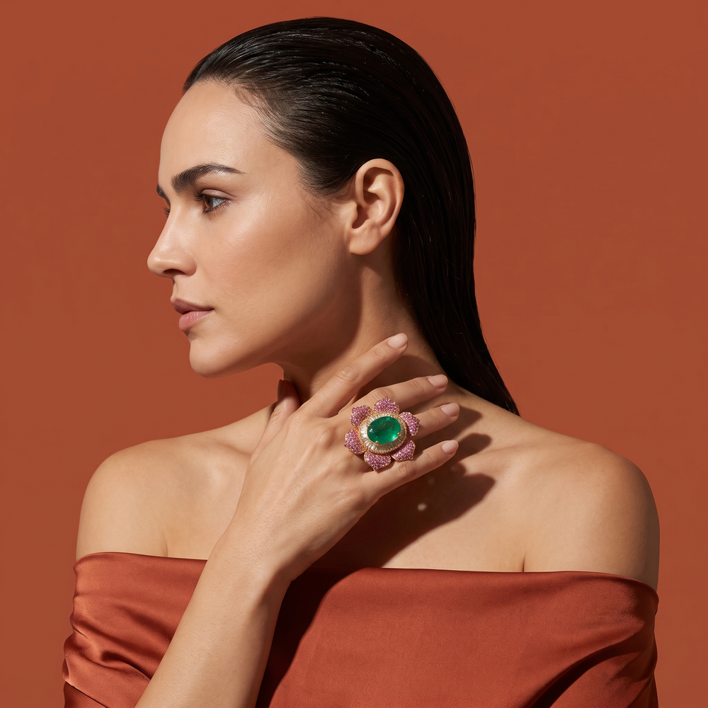 Mint Green Flower Ring with Pink Stone Petals