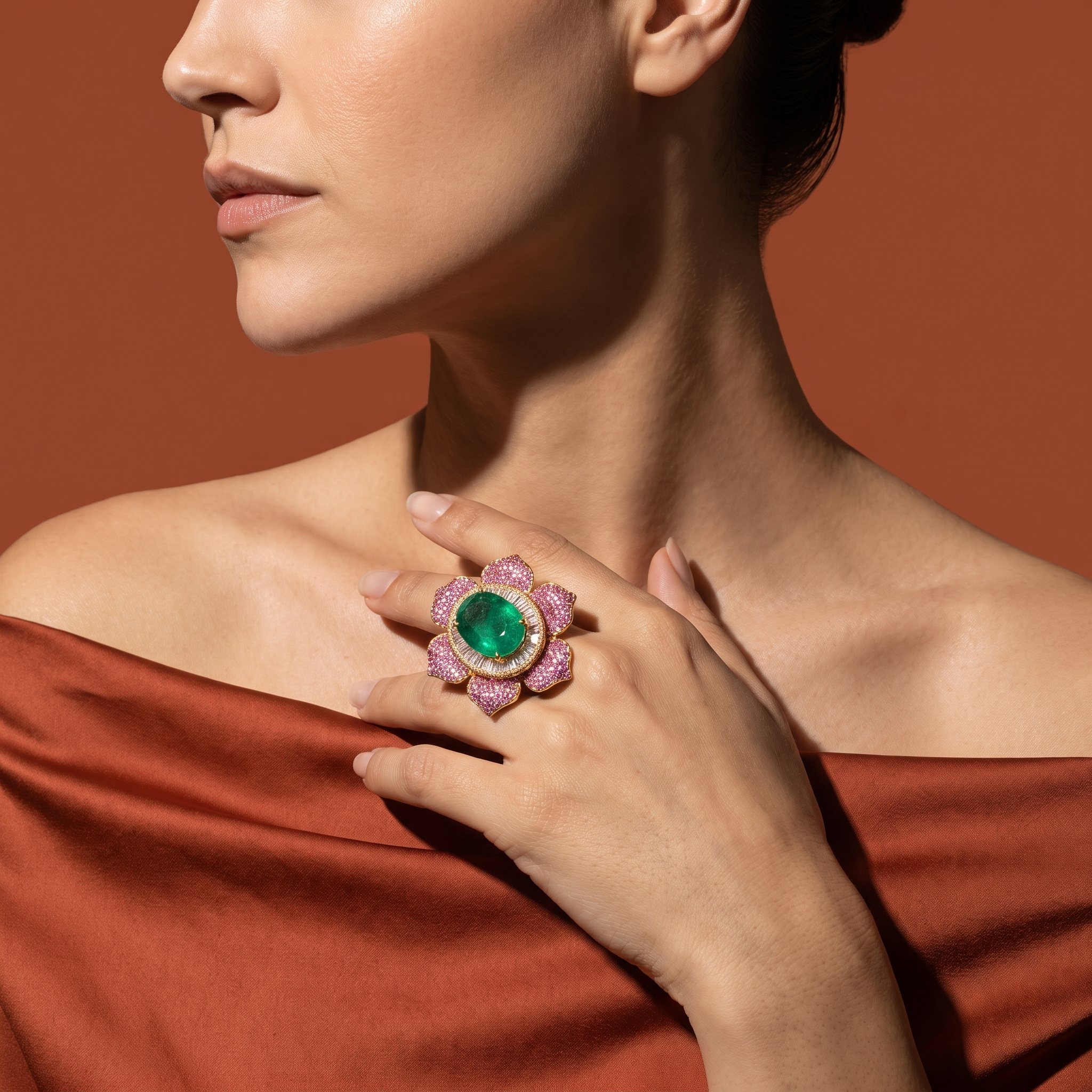 Mint Green Flower Ring with Pink Stone Petals