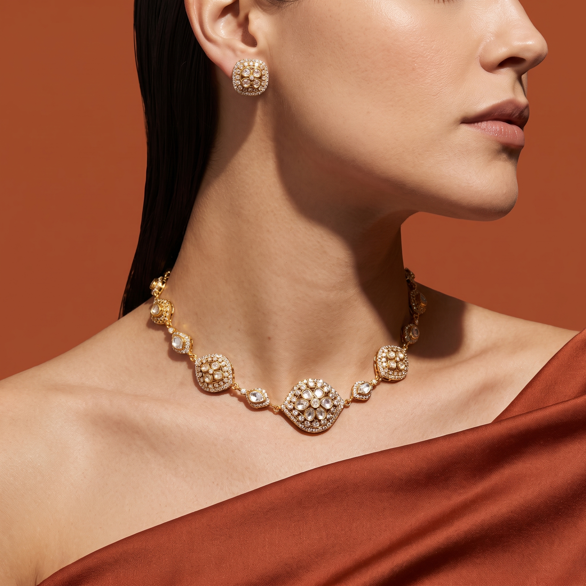 Clustered Faceted Stone Necklace & Earring Set