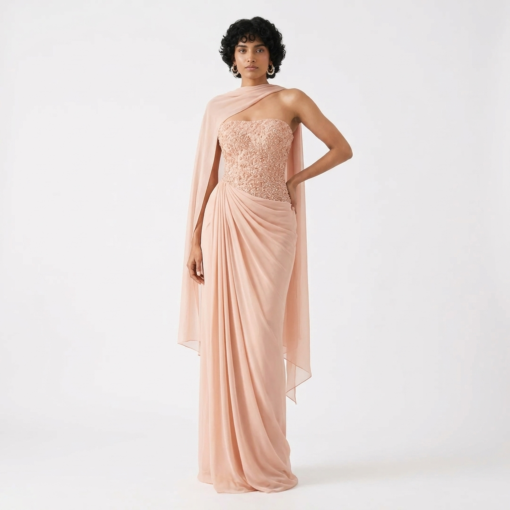 Peach Soiree Gown with Scarf