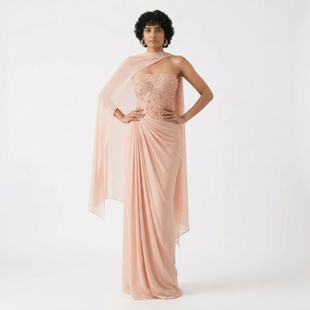 Peach Soiree Gown with Scarf