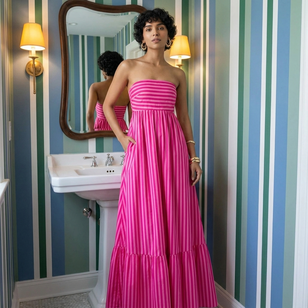 Pink Stripes Maxi Strapless Dress