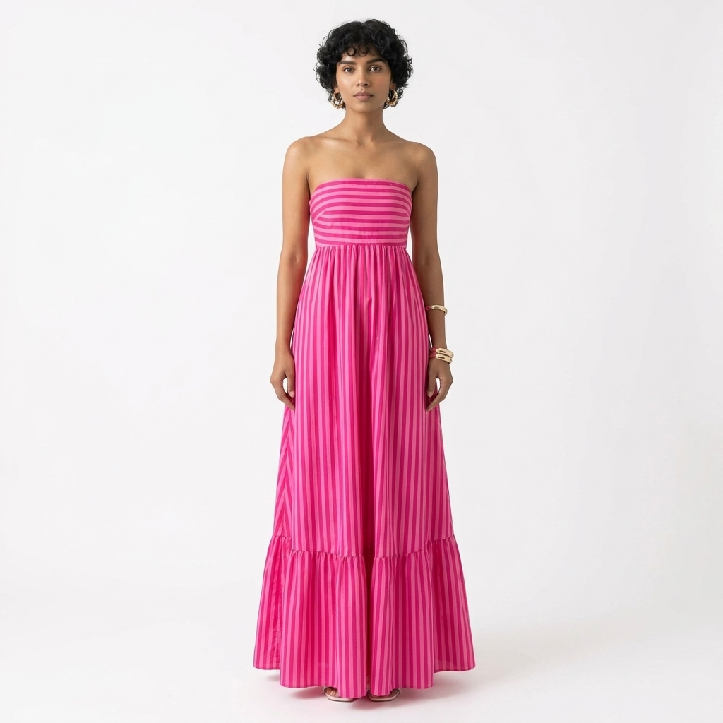 Pink Stripes Maxi Strapless Dress
